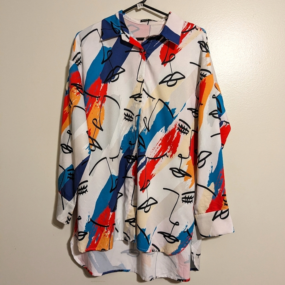 Contour Faces Artist Oversized Long Sleeve Shirt Dress Small